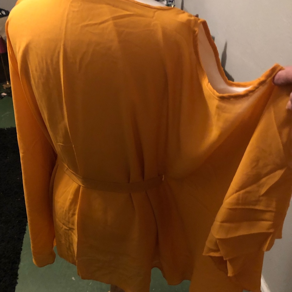 COLD SHOULDER RUFFLED SHEER BLOUSE WITH LINING. TUNIC LENGTH . - Picture 3 of 6